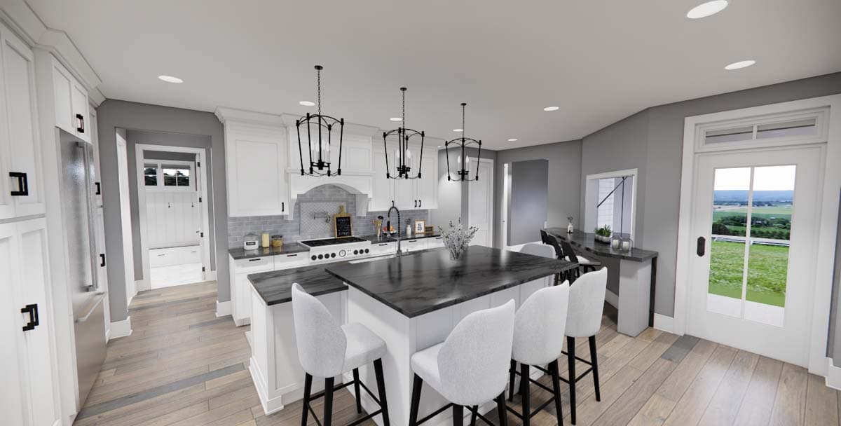 Interior rendering of a kitchen with a large island, white cabinets, pendant lighting, and a view through double doors.