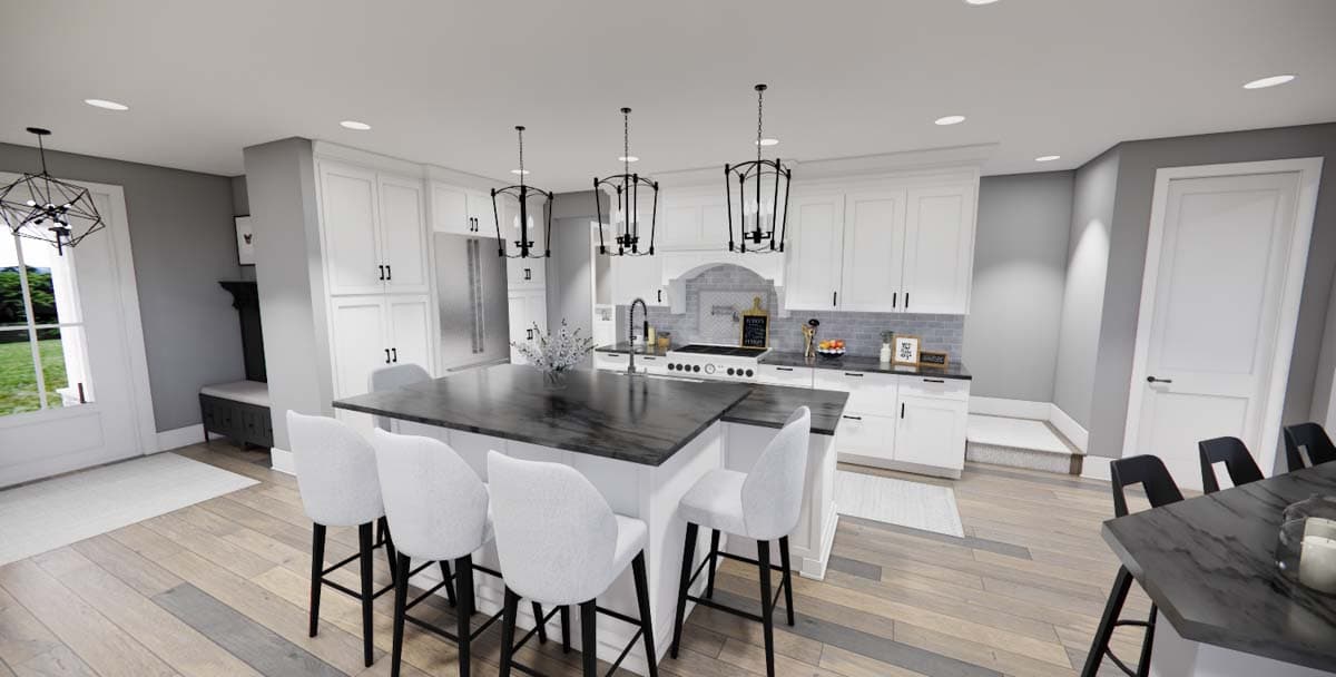 Kitchen rendering with white cabinets, large island with seating, and pendant lighting.