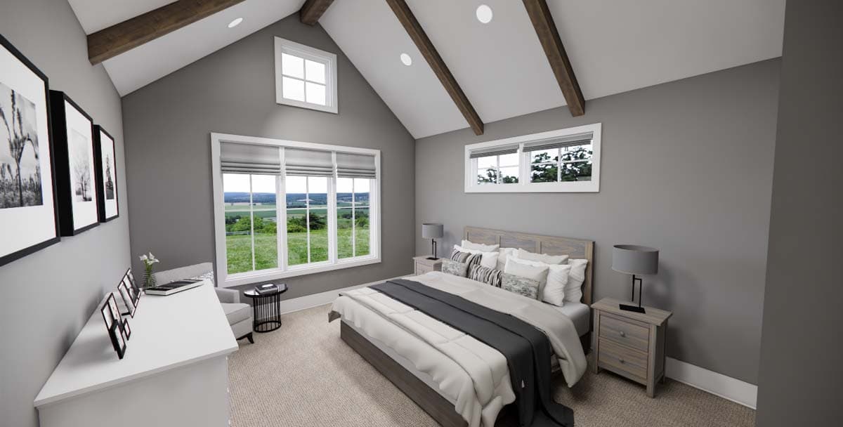 Bedroom rendering with vaulted ceiling, exposed beams, large windows, and a bed.