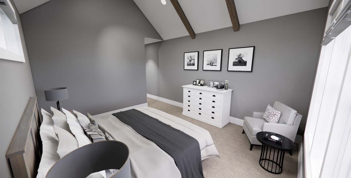 Primary bedroom rendering with vaulted ceiling, exposed beams, king bed, dresser, and accent chair.