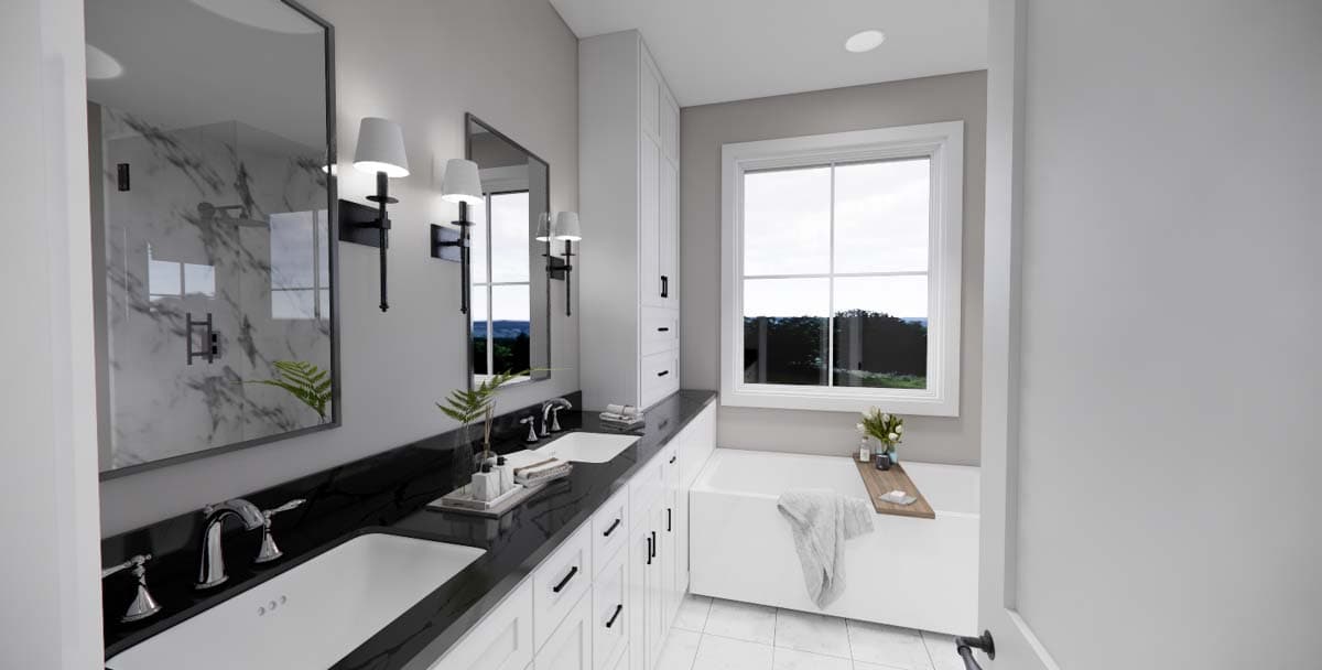 Bathroom rendering with double vanity, marble shower, freestanding tub, and large window overlooking landscape.