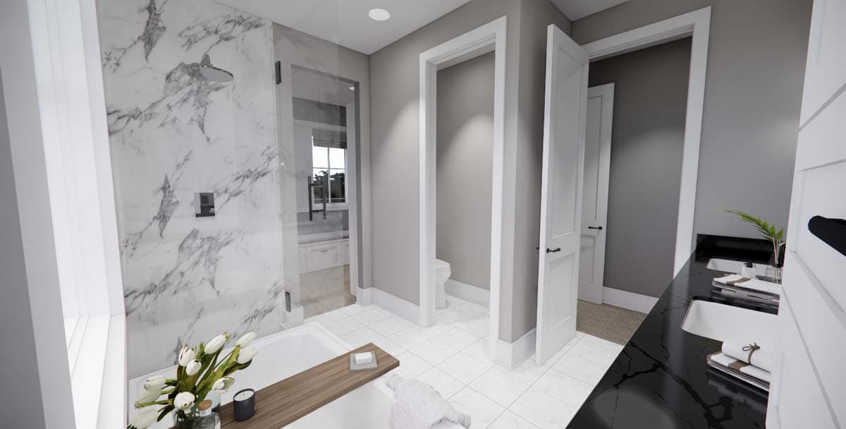 Modern bathroom rendering with marble shower, freestanding tub, dual sinks with black countertop, and separate toilet area.