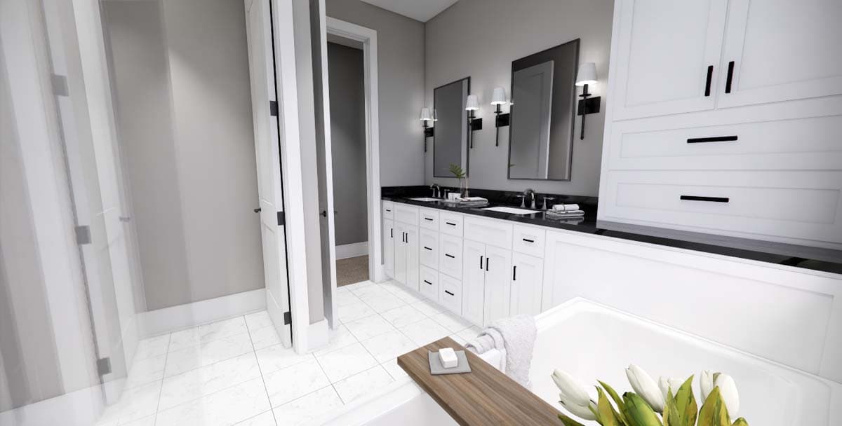 Bathroom rendering with double vanity, white cabinets and drawers, black countertops, two mirrors, and a soaking tub.