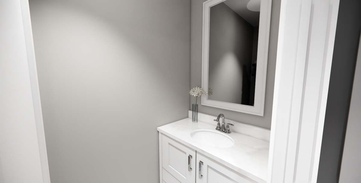 Bathroom vanity with white cabinets, quartz countertop, undermount sink, and framed mirror.