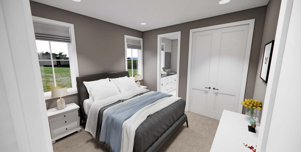 Interior rendering of a bedroom with a bed, nightstand, and double doors leading to a bathroom. Windows offer an exterior view.