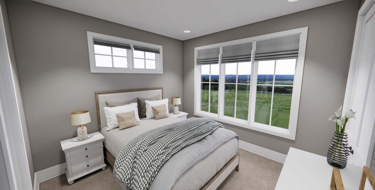 Bedroom rendering with a bed, nightstands, and large multi-pane windows overlooking a rural landscape.