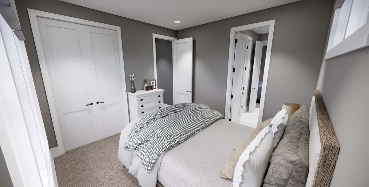Bedroom interior rendering with gray walls, white double doors, dresser, and bed with patterned blanket.