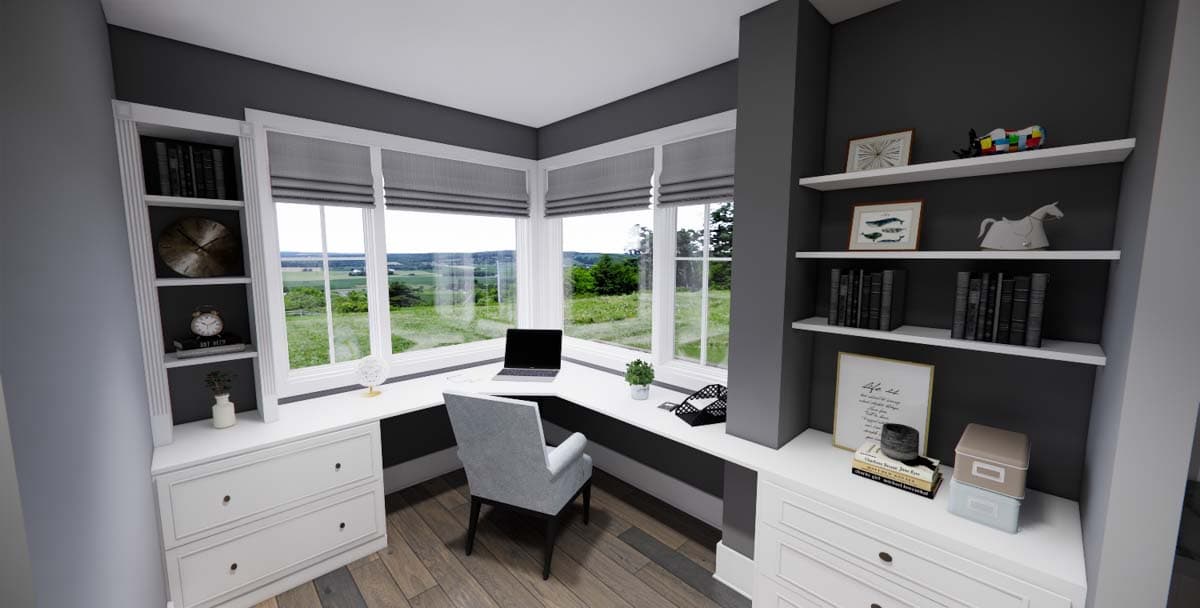 Interior rendering of a corner office with built-in bookshelves, a L-shaped desk, and a bay window overlooking a landscape.