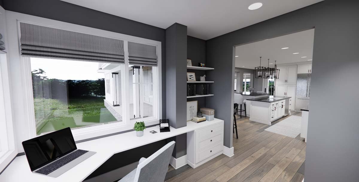 Interior rendering showing a built-in desk with a laptop and shelves, adjacent to a white kitchen with island and pendant lights.