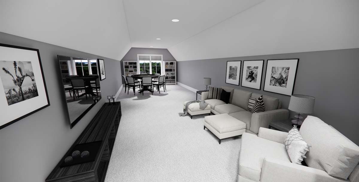 Rendering of a living area with a sectional sofa, dining table, and built-in bookshelves.