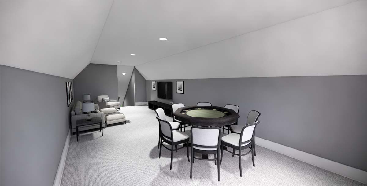 Attic recreation room with a poker table, seating area, and television.