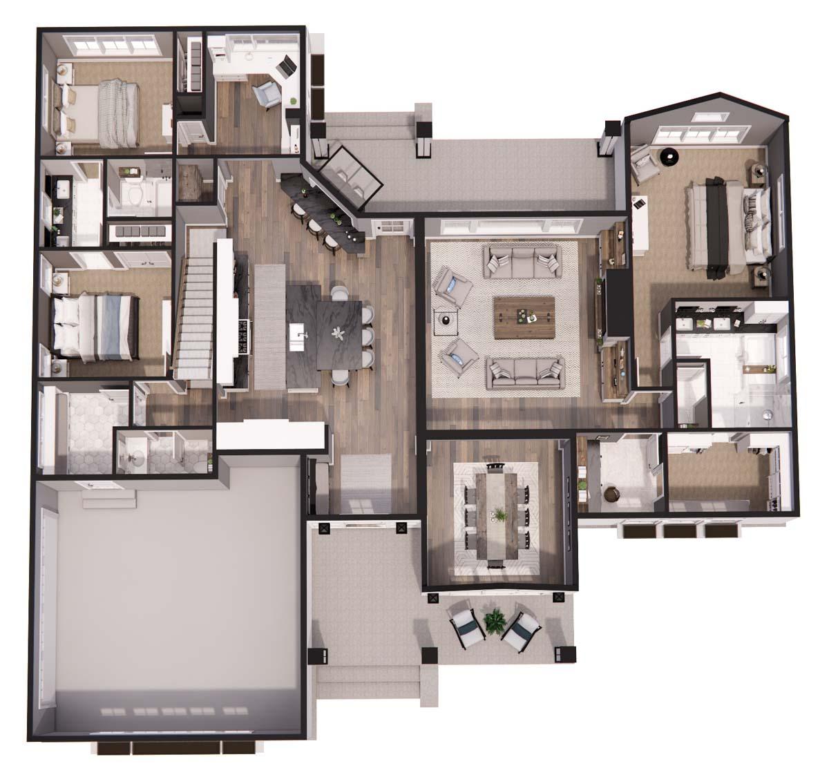 House plan showing a large kitchen with island, open living and dining areas, four bedrooms, and a spacious garage.