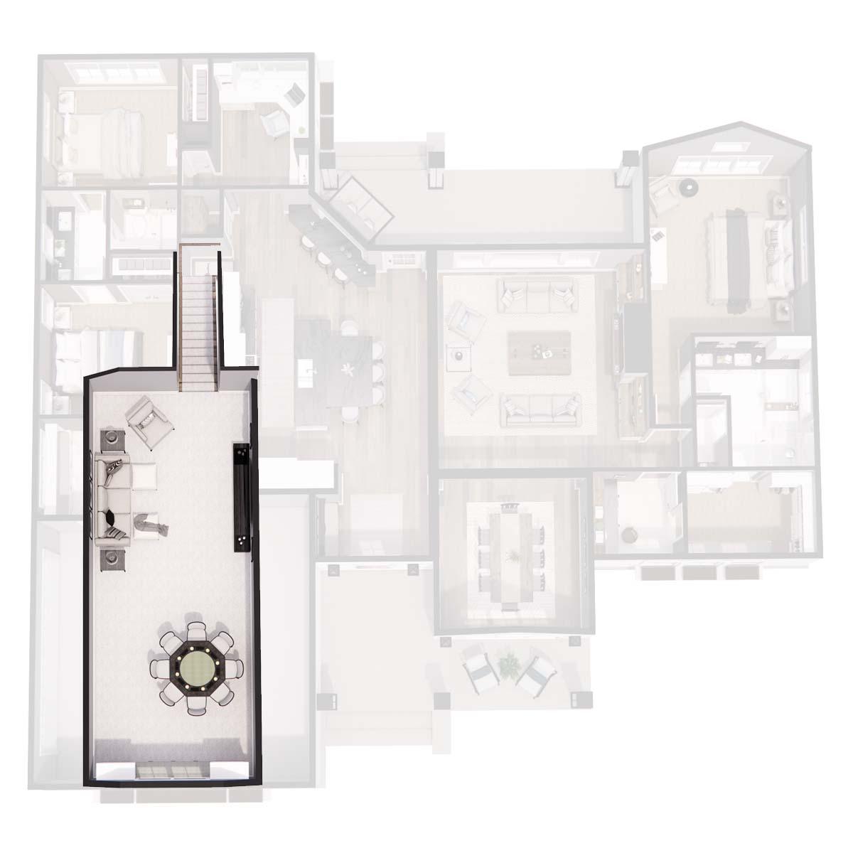 Floor plan rendering shows a living area with a fireplace and dining table, adjacent to a staircase and central kitchen.