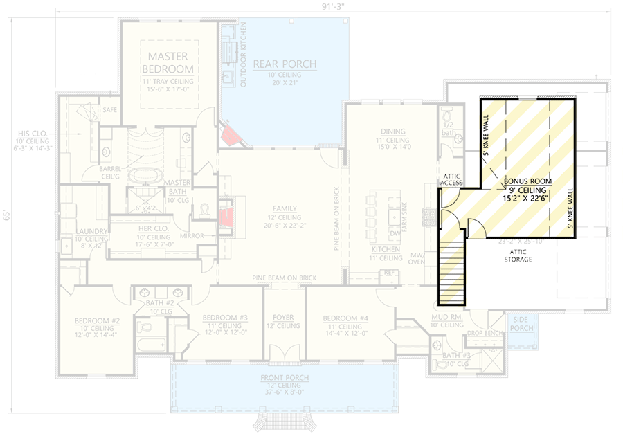 Plan 56434SM: Downsized Southern Home Plan with Outdoor Grilling Porch - 3121 Sq Ft - Floor Plan - Bonus - Acadian, European, French Country, Louisiana-Style, Southern