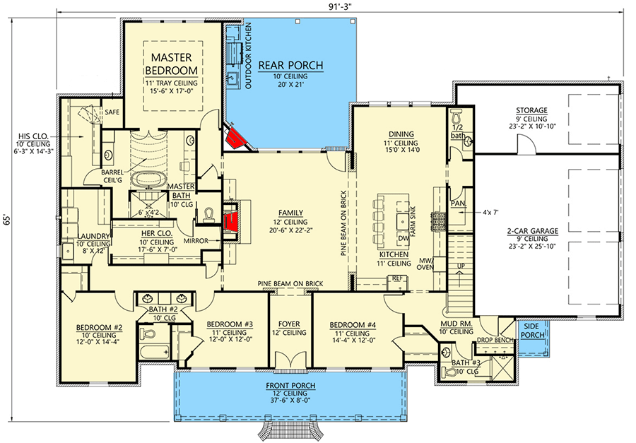 Plan 56434SM: Downsized Southern Home Plan with Outdoor Grilling Porch - 3121 Sq Ft - Floor Plan - Main Level - Acadian, European, French Country, Louisiana-Style, Southern
