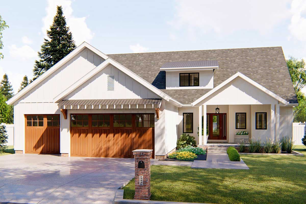 House plan exterior: Modern Farmhouse style, one story, with a two-car garage, covered porch, and prominent gables.