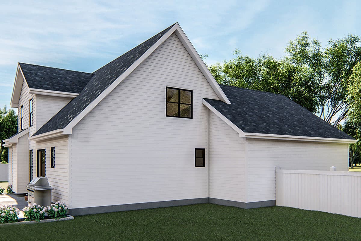 House plan exterior view of a two-story Modern Farmhouse with white siding, dark roof, gables, and black-framed windows.
