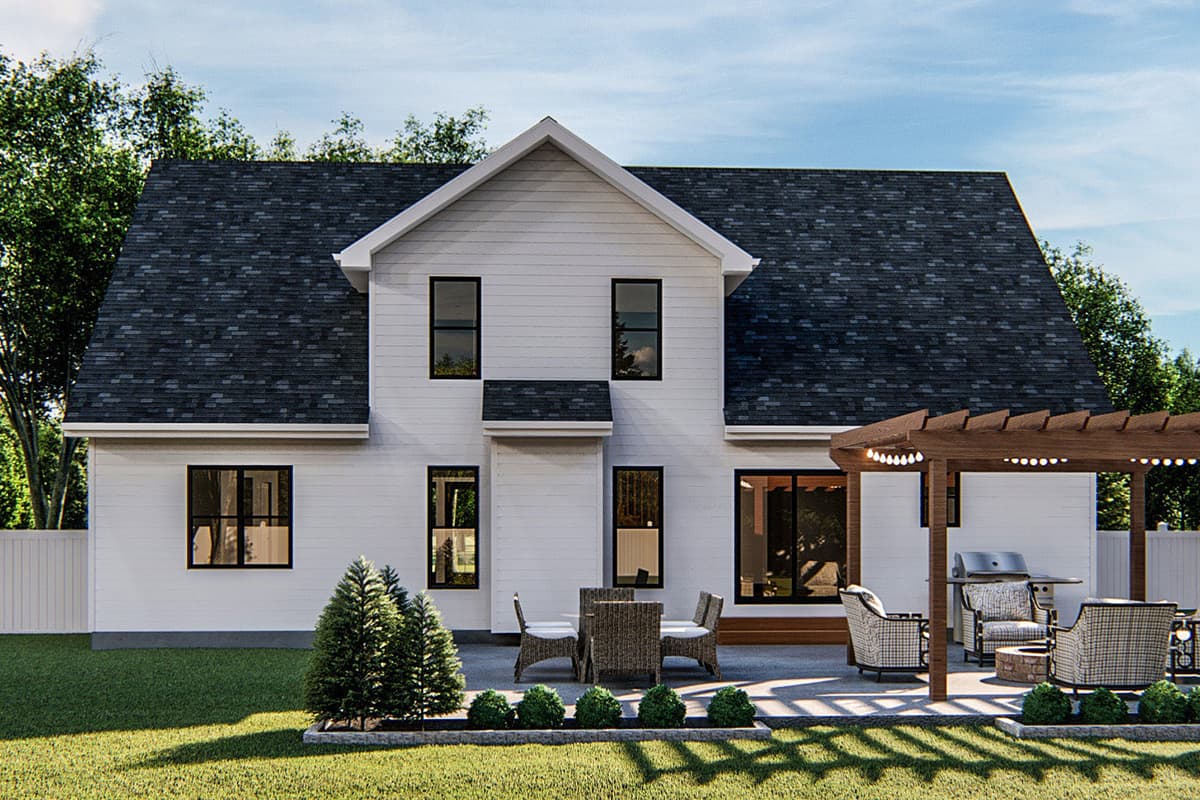 Two-story house plan exterior with a prominent gable, large windows, and a rear patio with pergola.
