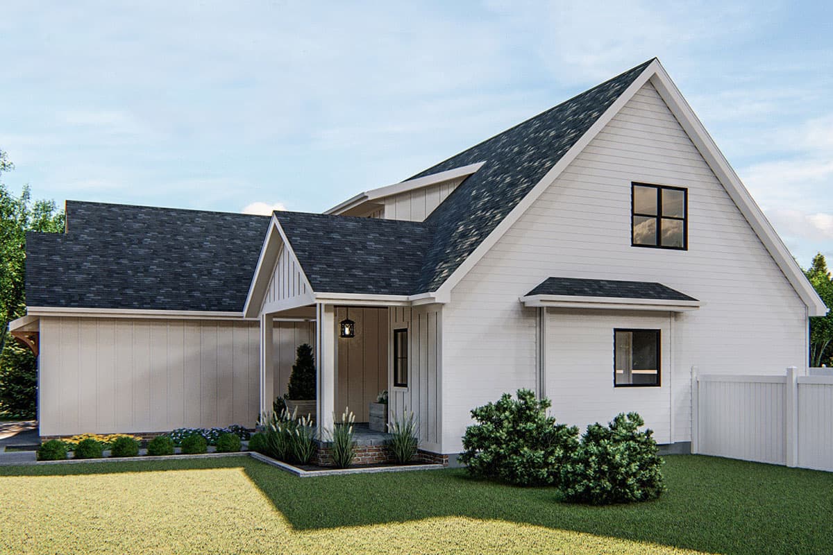 House plan exterior: Modern Farmhouse style, two stories, gabled roof, covered entry porch, and attached garage.