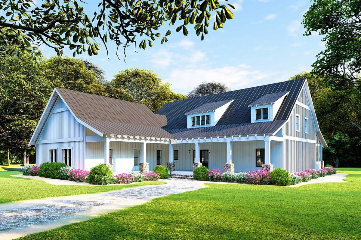 House plan exterior. Modern Farmhouse with a gabled roof, dormers, and a wraparound porch with columns. Features a metal roof.