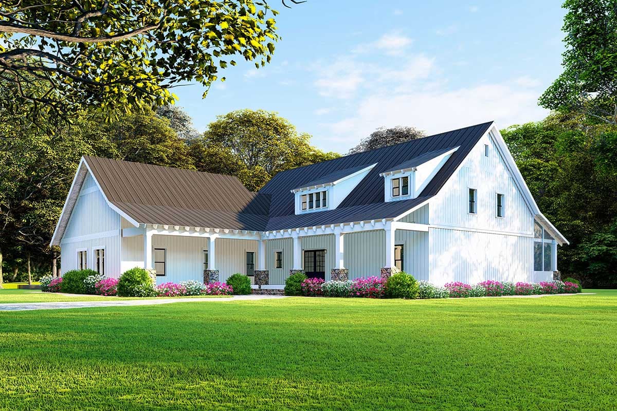 Modern Farmhouse house plan exterior with metal roofs, a covered porch with stone columns, and dormers.