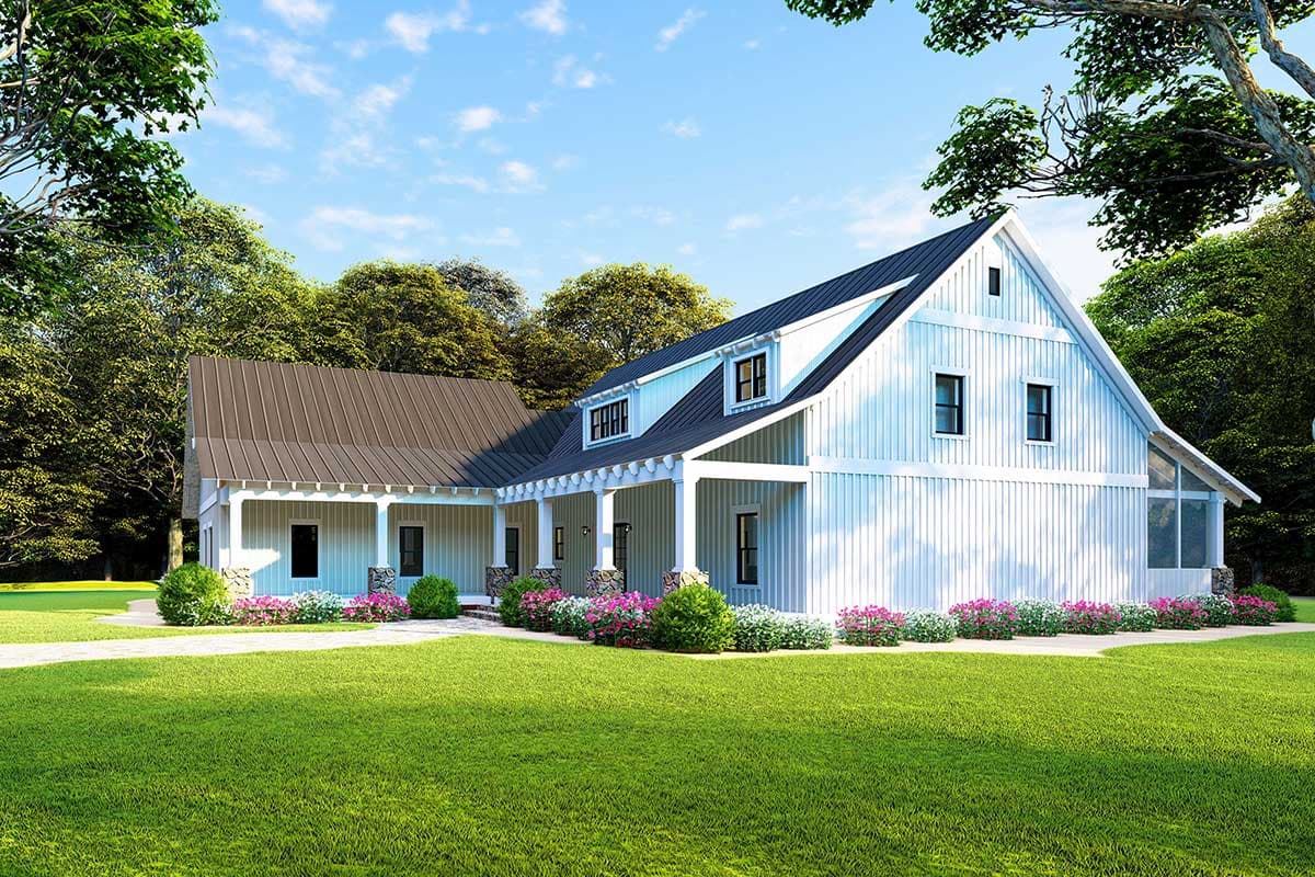 House plan exterior: Modern farmhouse style, two stories, prominent gables, wraparound porch with stone column bases.