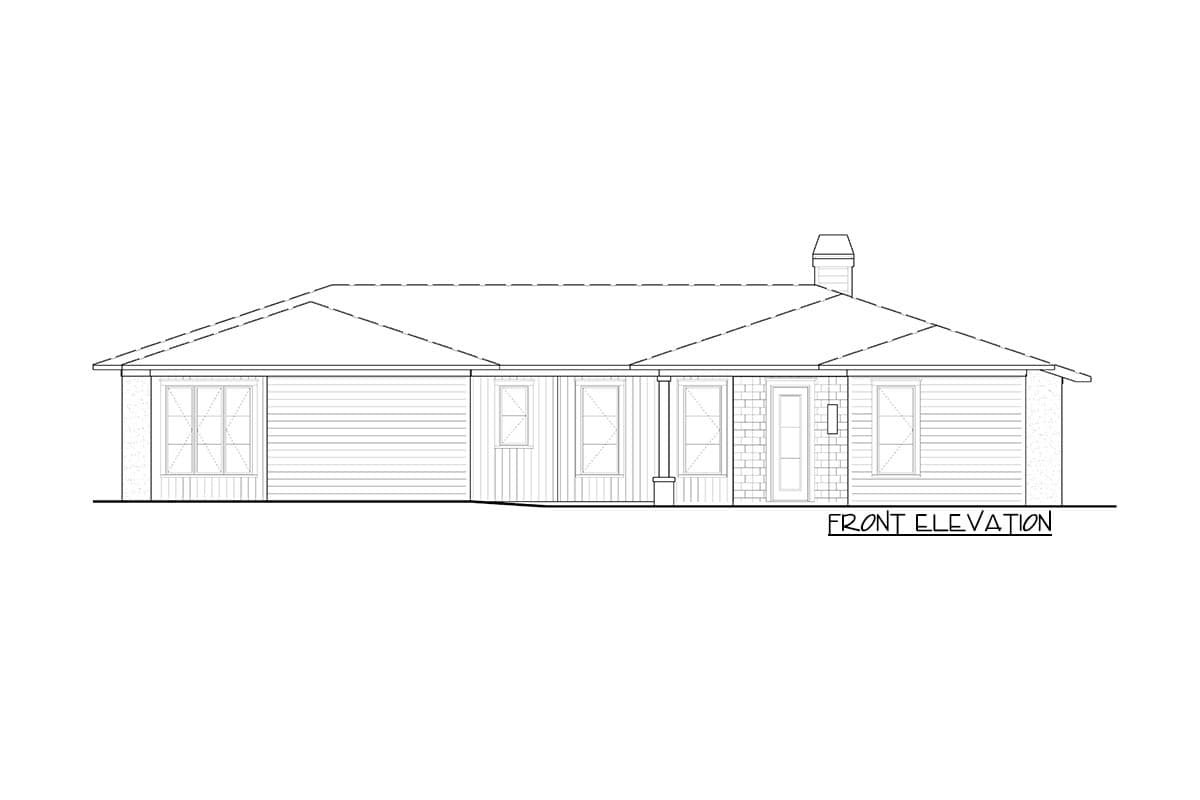 Front elevation drawing of a single-story house with horizontal siding, brick accents, multiple windows, and a chimney.