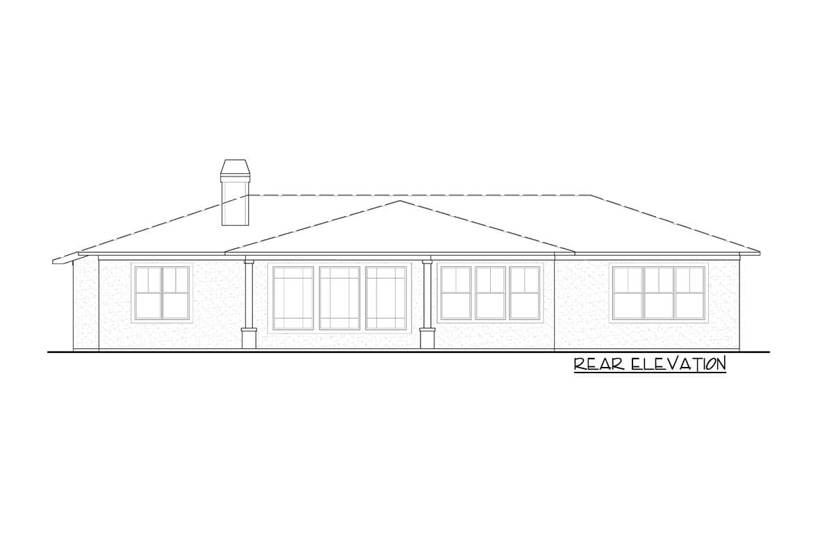 Rear elevation drawing of a single-story house plan with a gabled roof, chimney, and multiple windows.