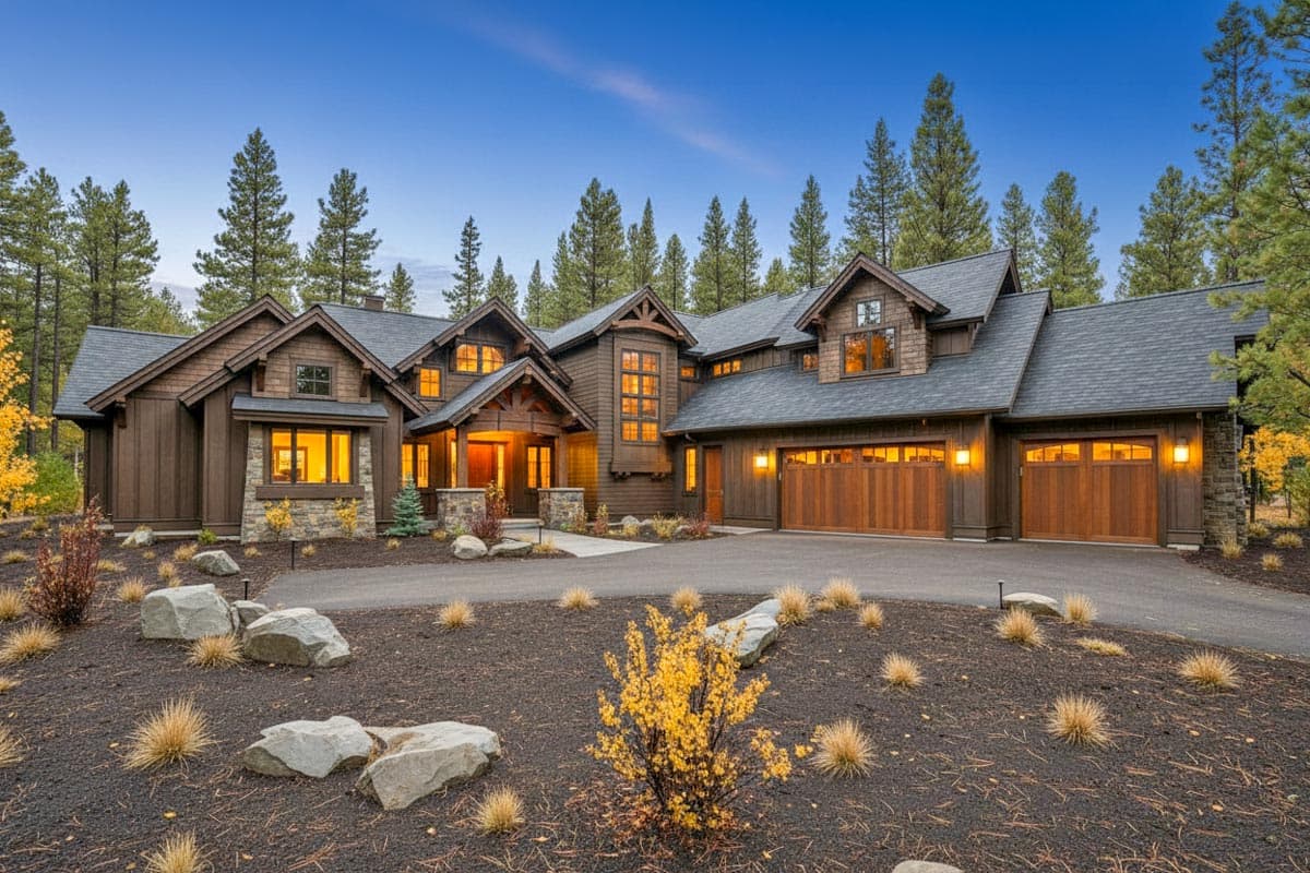 Modern Craftsman style house plan exterior with multiple gables, stone accents, and a three-car garage.
