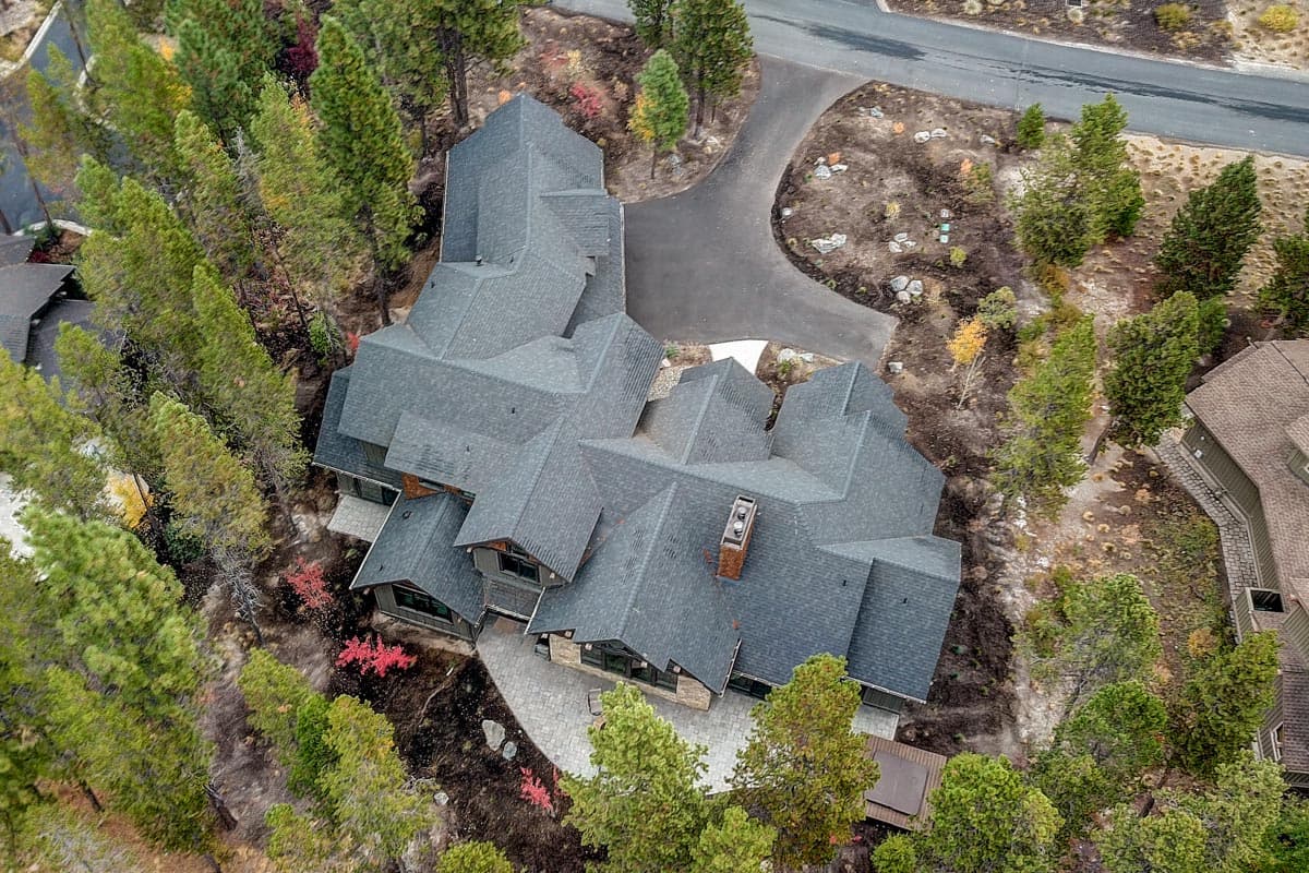 House plan exterior with complex rooflines, stone chimney, paved patio, and surrounding pine trees.