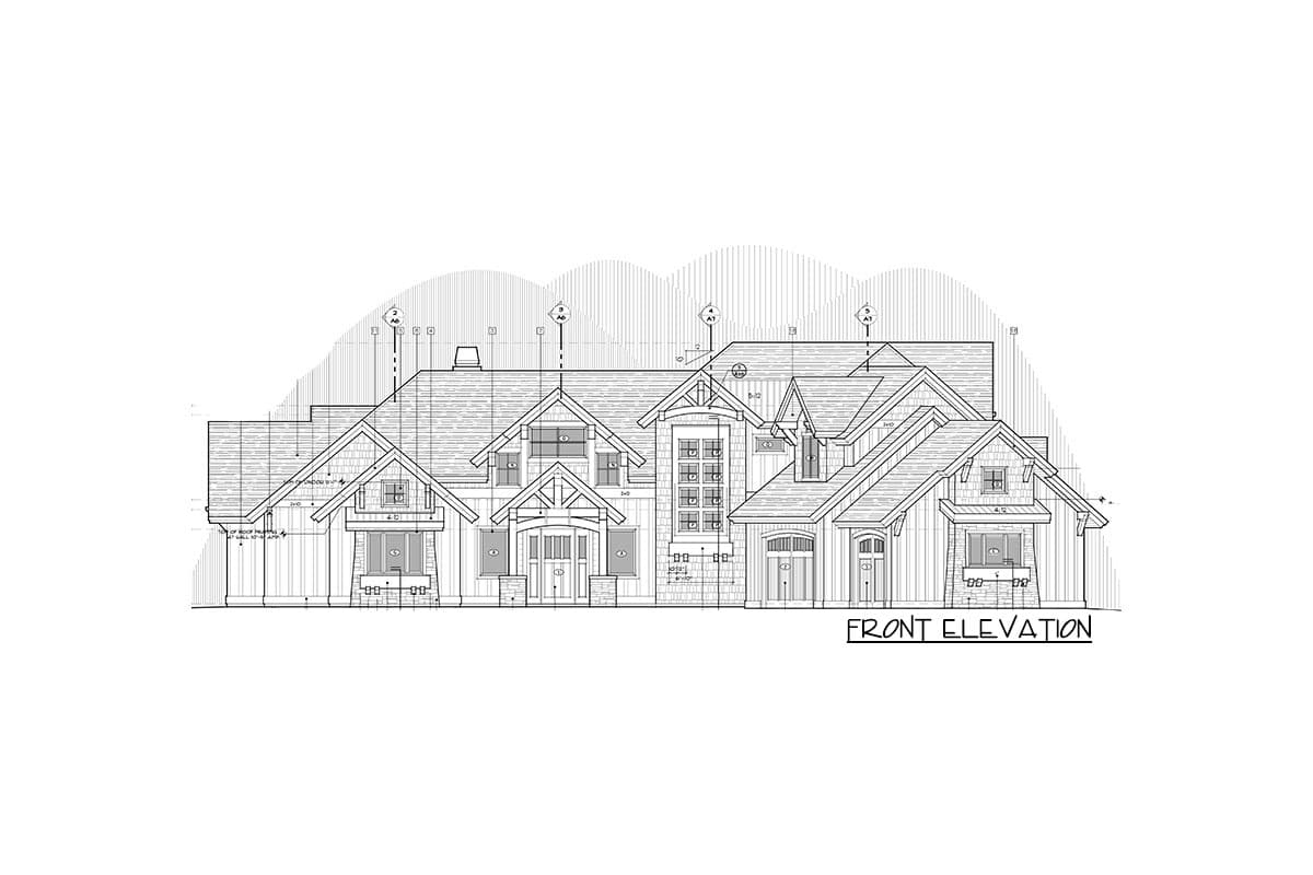 Front elevation drawing of a two-story house plan with multiple gables, dormers, and a covered entry.