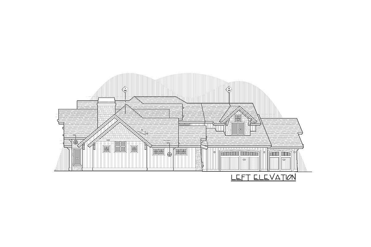 Left elevation house plan showing a multi-story home with gables, dormers, a prominent chimney, and a three-car garage.