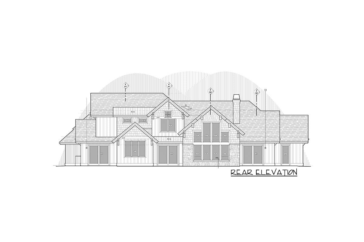 Rear elevation drawing of a multi-story house plan with varied rooflines, gables, stone and wood siding, and multiple windows.