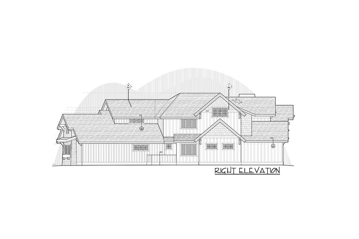 Right elevation house plan drawing showing multiple gables, varied rooflines, dormers, and a stone-clad entrance.