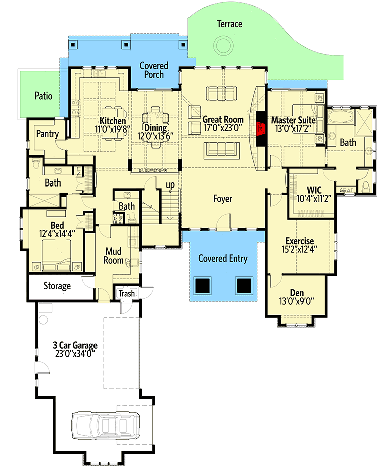 Plan 54234HU: 5-Bed Mountain Craftsman with Great Room and Main-Level Master Suite- 4964 Sq Ft - Floor Plan - Main Level - Craftsman, Mountain, Northwest, Rustic