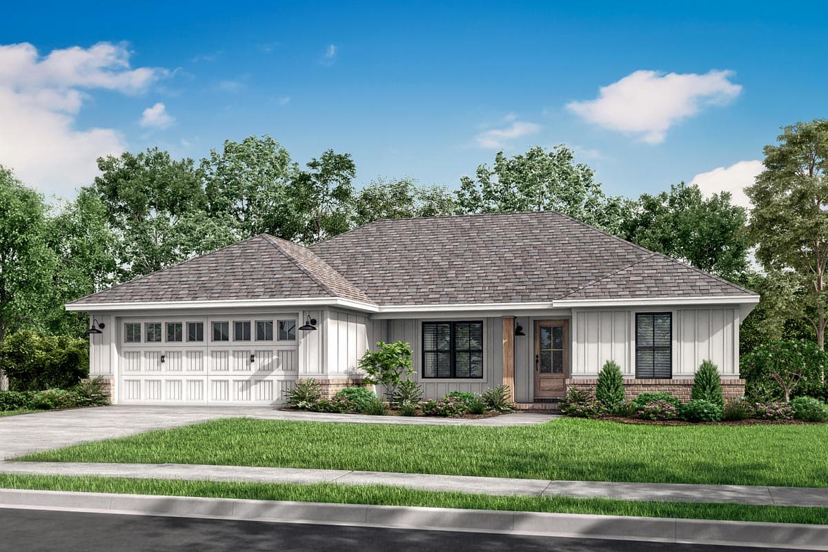 House plan exterior. Ranch style with a gabled roof, attached garage, and a covered front entry. One story home with board and batten siding.