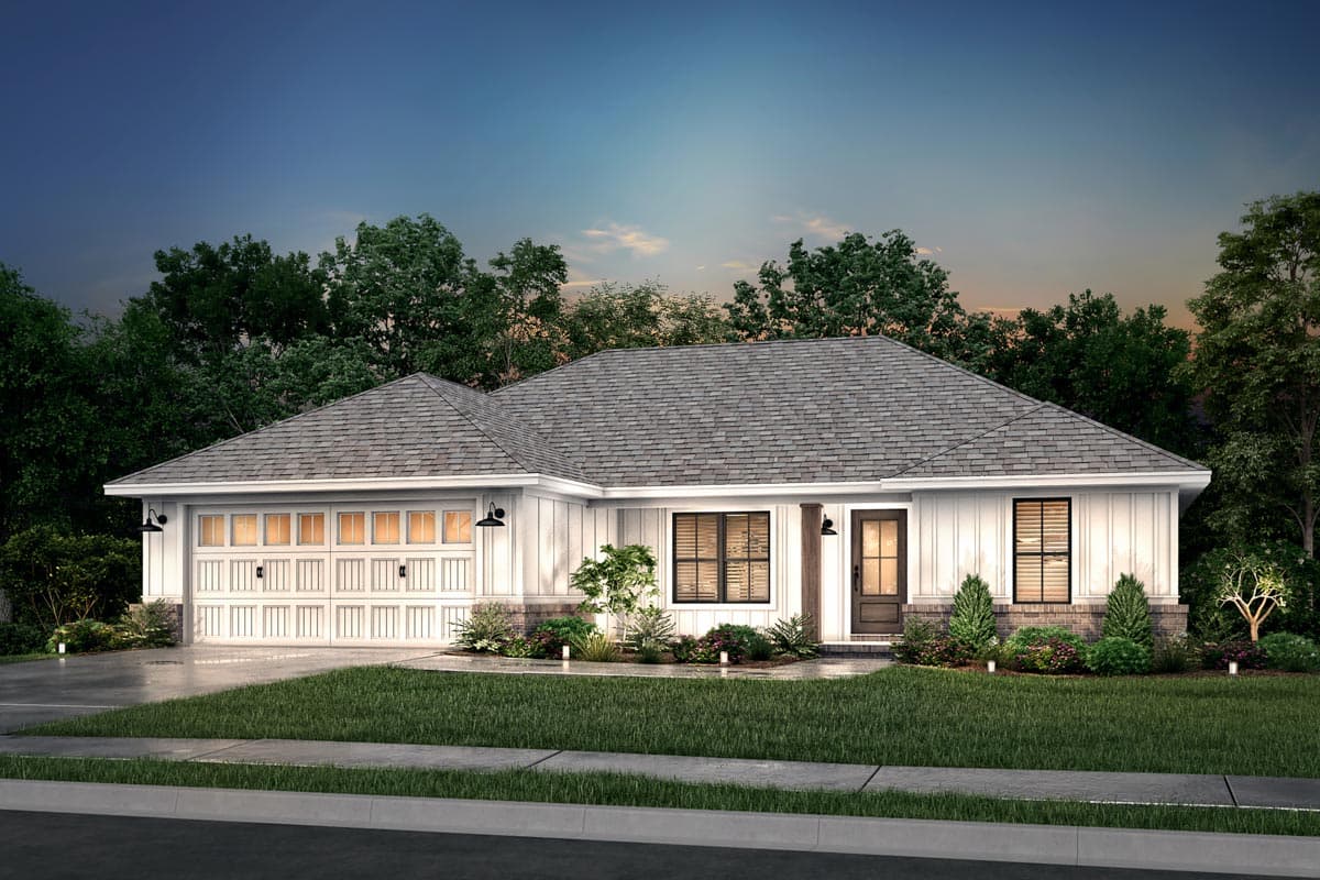 House plan exterior: Ranch style, white board-and-batten siding, attached three-car garage, gabled roof, and covered entry.