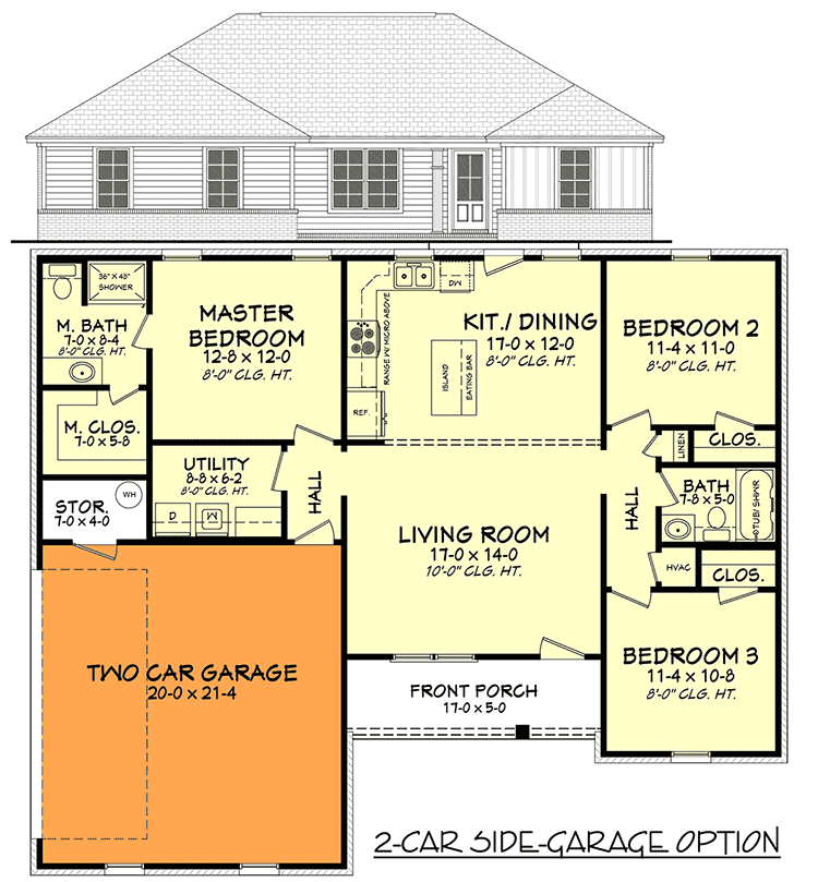 Plan 51790HZ: Revitalized Traditional Ranch Home Plan with 3 Bedrooms - 1232 Sq Ft - Floor Plan - 2-Car Side-Garage Option - Cottage, Country, Ranch, Traditional