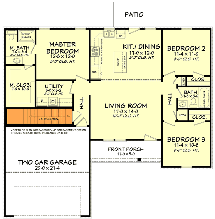 Plan 51790HZ: Revitalized Traditional Ranch Home Plan with 3 Bedrooms - 1232 Sq Ft - Floor Plan - Main Level - Basement Version - Cottage, Country, Ranch, Traditional