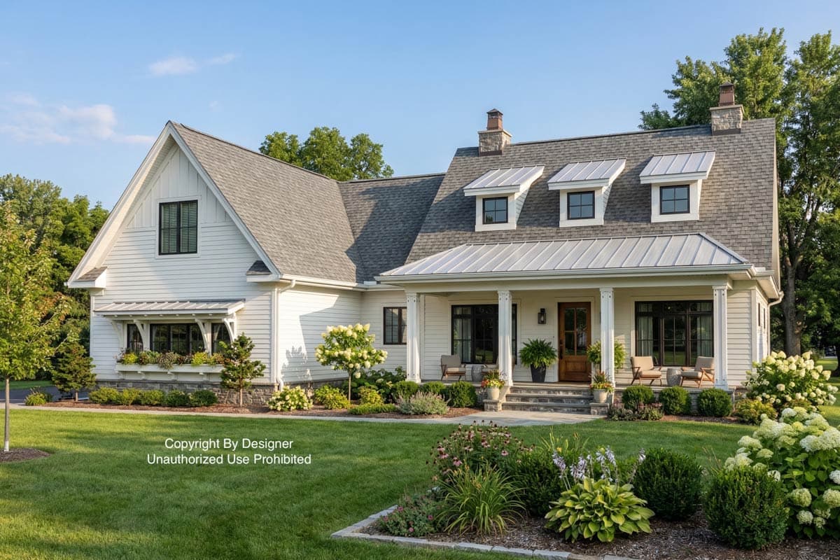 Exterior shot of a white farmhouse with a large porch, flanked by green grass and colorful flower beds under a clear blue sky.