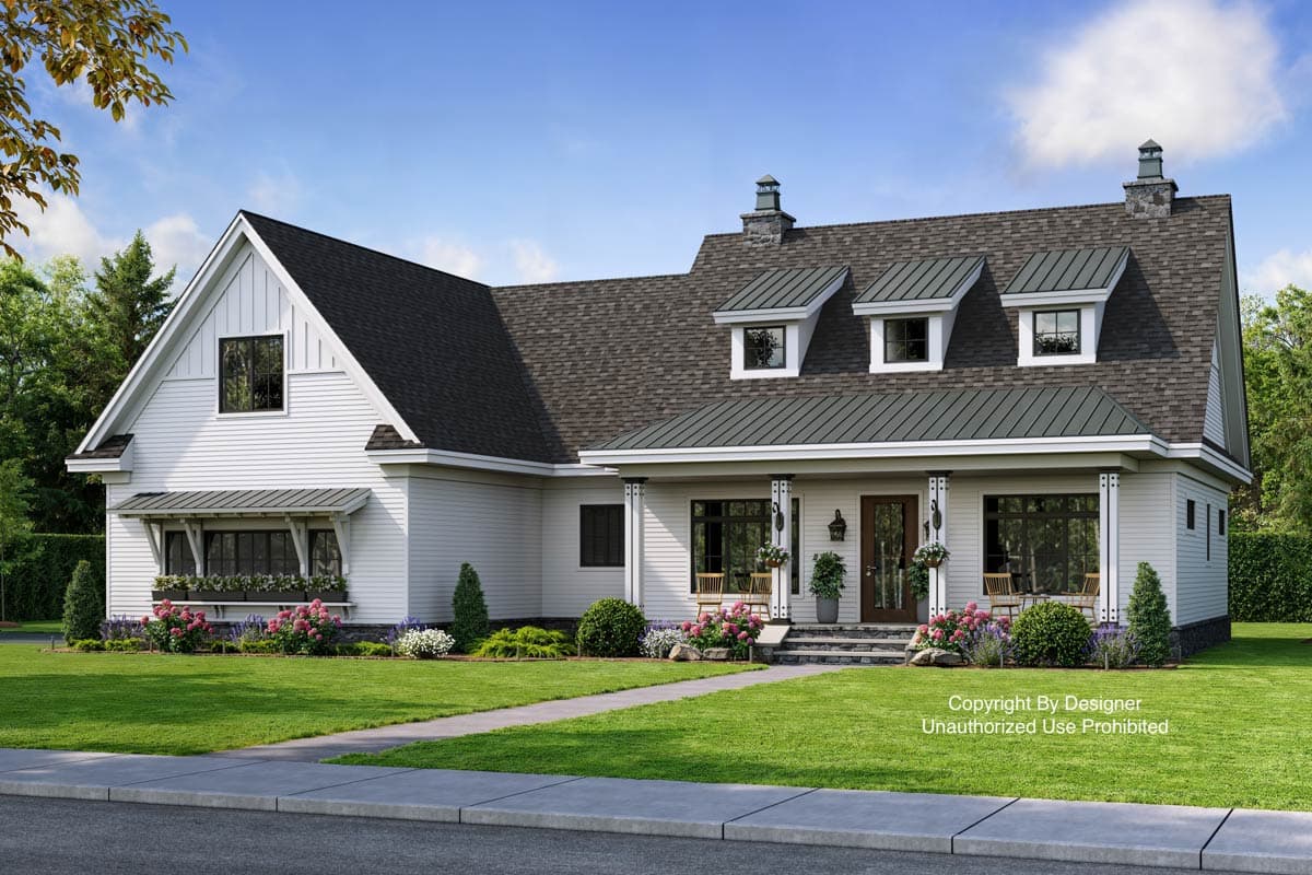 House plan exterior: Modern Farmhouse style, one-and-a-half stories, with a covered front porch, gables, and dormer windows.