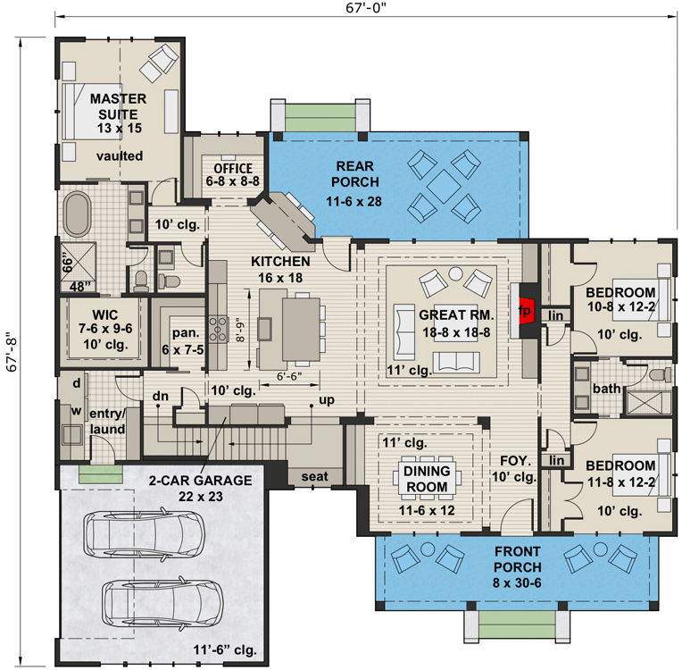Plan 14673RK: Modern Farmhouse Plan with Open Concept Core Plus Bonus Room - 2332 Sq Ft - Floor Plan - Main Level - Cottage, Country, Farmhouse, Modern Farmhouse, New American, Southern, Traditional