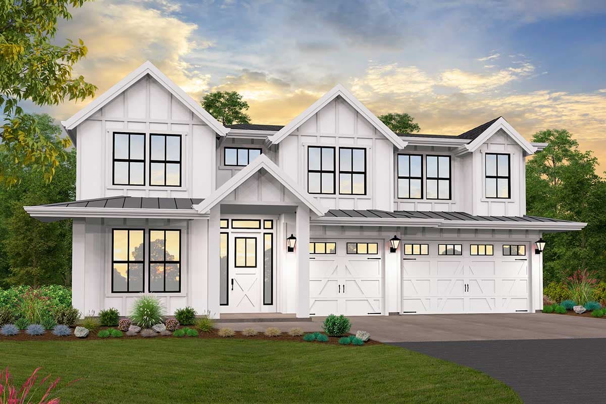 Modern Farmhouse house plan exterior with board and batten siding, gables, large windows, covered porch, and a three-car garage.