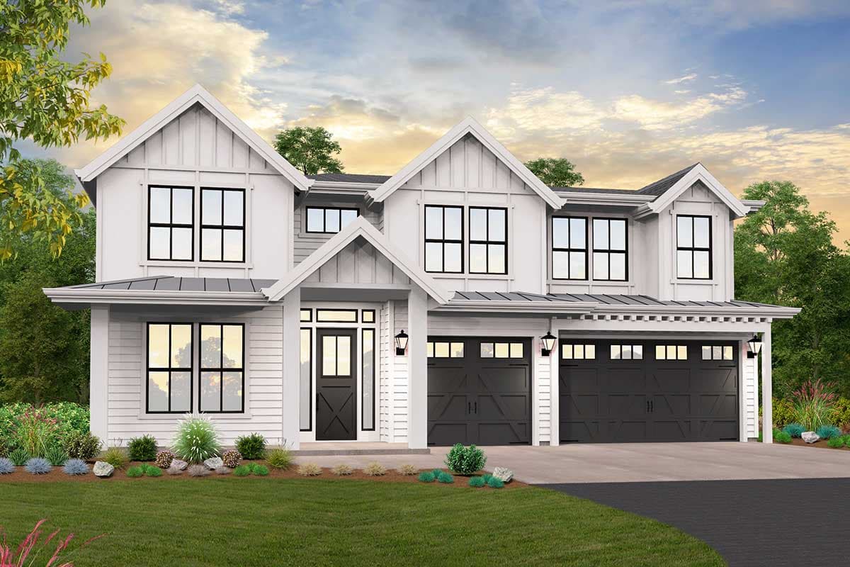 House plan exterior rendering. Modern Farmhouse style, two-story home with gables, a covered porch, and a three-car garage.
