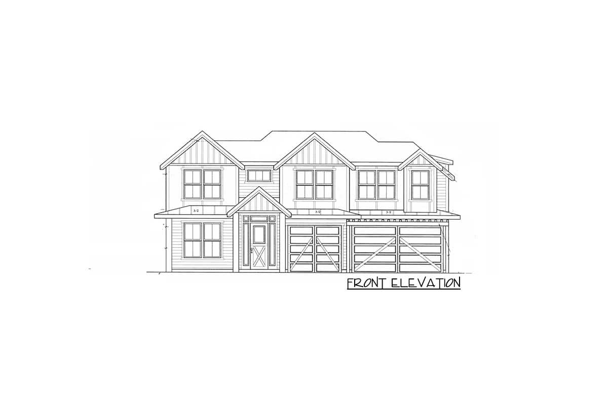 Front elevation drawing of a two-story house plan with gables, multiple windows, a covered porch, and a three-car garage.