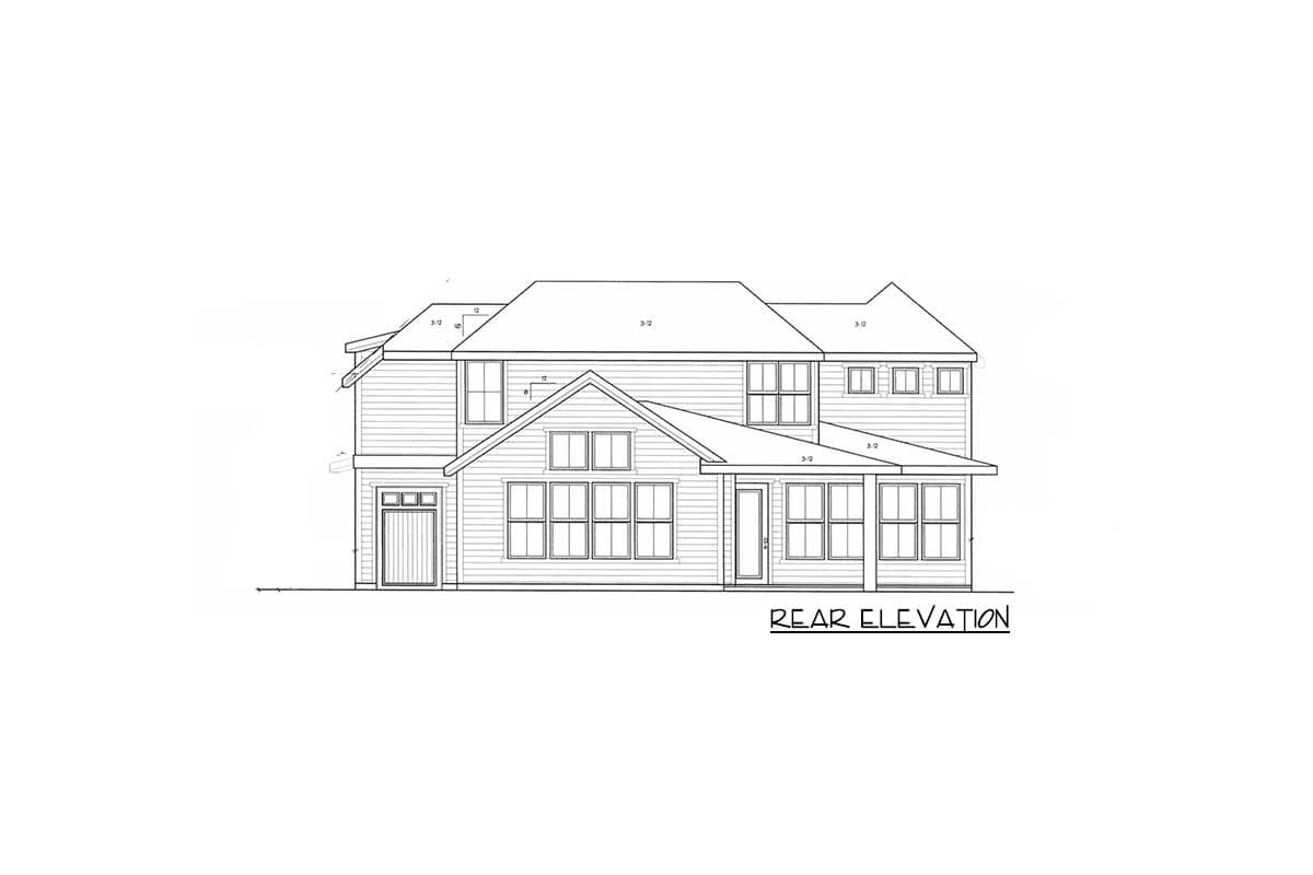 Rear elevation drawing of a two-story house with a gabled roof, bay windows, and attached garage.
