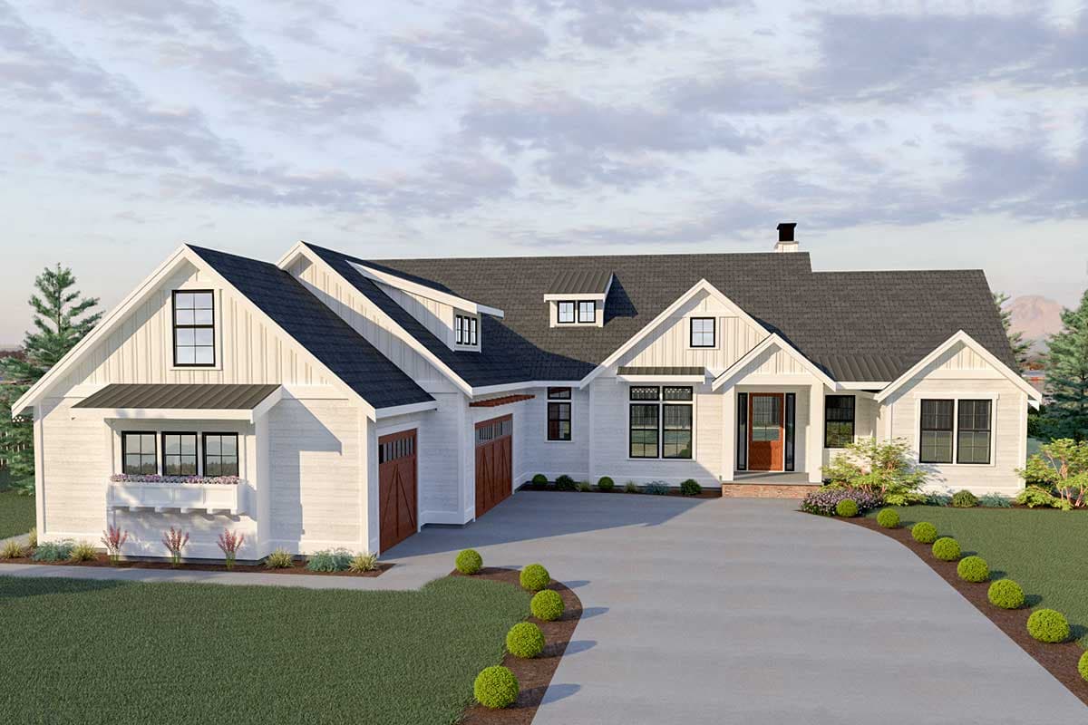 House plan exterior. Modern Farmhouse style with gabled roof, dormers, and attached garage. Features white siding and dark roof. Driveway.