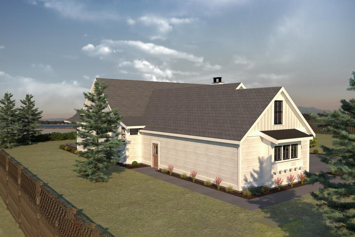 Modern Farmhouse house plan exterior with gables, dormers, white siding, and a dark metal roof.