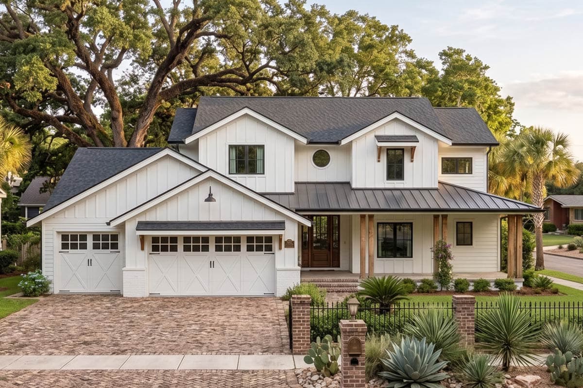 House plan exterior: Modern Farmhouse style, two-story, white board-and-batten siding, metal roof, large porch, and a three-car garage.