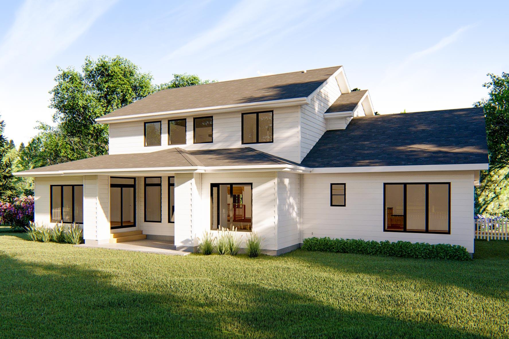 Modern house plan exterior, two stories, white siding, covered porch, multiple gables, and large windows.